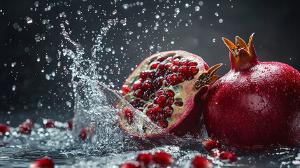 Pomegranate, fresh and juicy pomegranates falling into the water, splashing with sparkling drops, generative AI