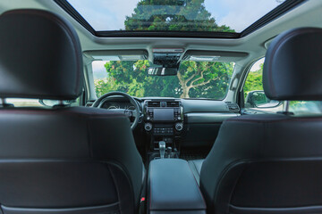 Interior of new off road car in forest mountains