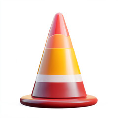 An orange and white traffic cone with alternating stripes, placed on a white base. It is a common safety device used to redirect traffic or mark hazardous areas.