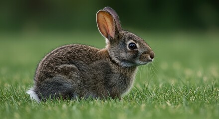 Fototapeta premium Close-up of a rabbit sitting in lush green grass.