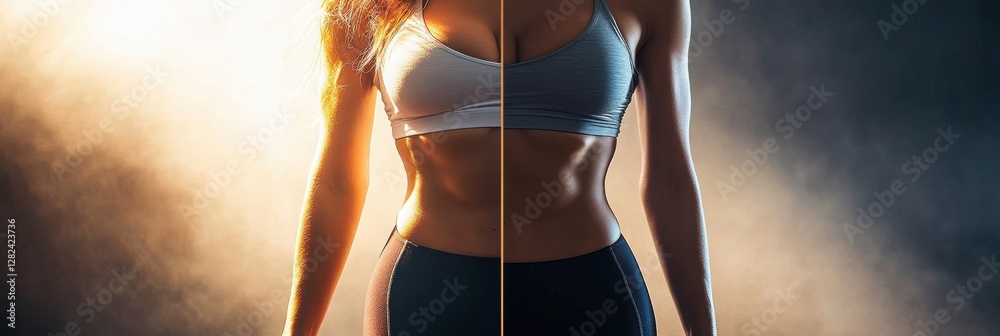 Poster transformation of a womans body showcasing the journey from slightly overweight to toned and fit in 