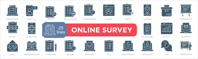 Online survey icon collection set. Containing design online survey,video call,report,data analytics