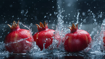 Pomegranate, fresh and juicy pomegranates falling into the water, splashing with sparkling drops, generative AI
