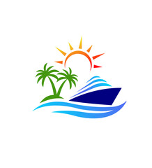 Tropical Cruise Vacation Sunny Seas, Yacht, Palm Trees, Island Getaway logo