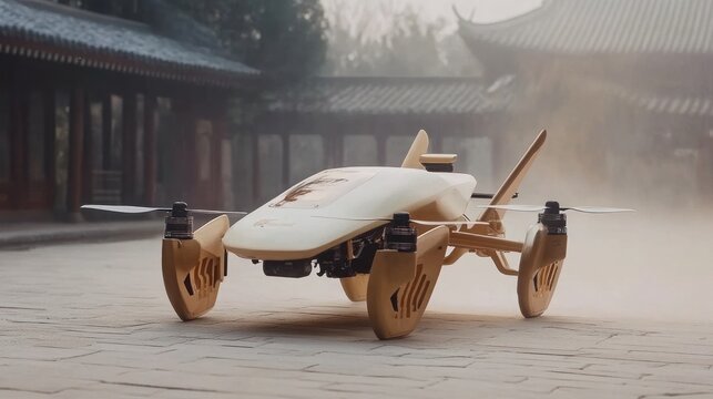 Beige Autonomous Drone in Ancient Chinese Courtyard