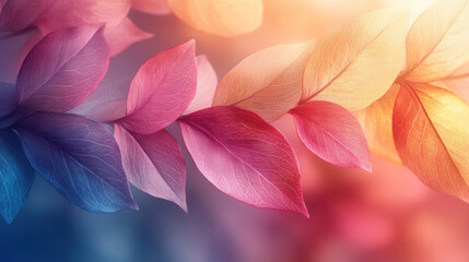 Fototapeta premium Spring abstract background with layered translucent leaves and bright pastel gradients