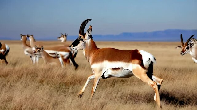 A herd of springboks running in the savanna.