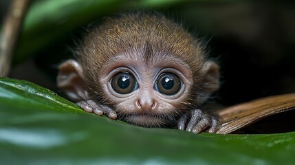 Obraz premium Baby monkey on leaf in jungle; Cute wildlife; Photo for nature article