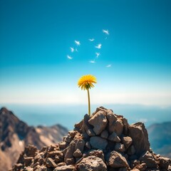 Obraz premium Una flor de diente de león que florece sola en la montaña.