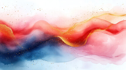 Fototapeta premium Spring abstract of layered pastel shapes and watercolor strokes accented with golden floral outlines