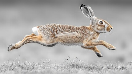 Brown hare in mid-flight over meadow grass.  Possible stock photo use