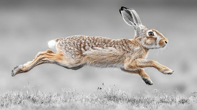 Brown hare in mid-flight over meadow grass.  Possible stock photo use