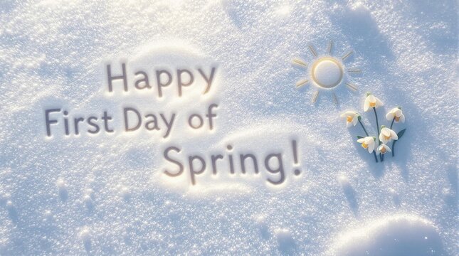 Happy First Day of Spring 2025 image with the first blooming flowers on the snow, symbolizing the arrival of spring