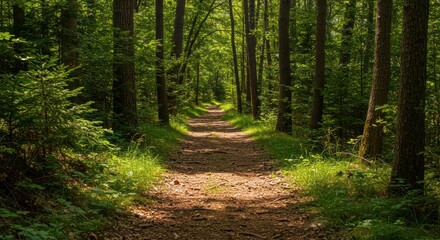 Fototapeta premium Lush green forest path illuminated by dappled sunlight.