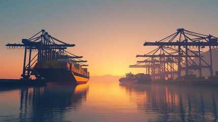 Obraz premium Cargo ships and cranes silhouettes at a port during sunset with reflection