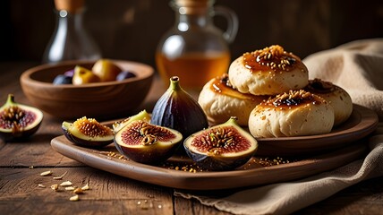 A plate of traditional Arabic bread, with fresh honey and figs on the side, served on a rustic wooden table