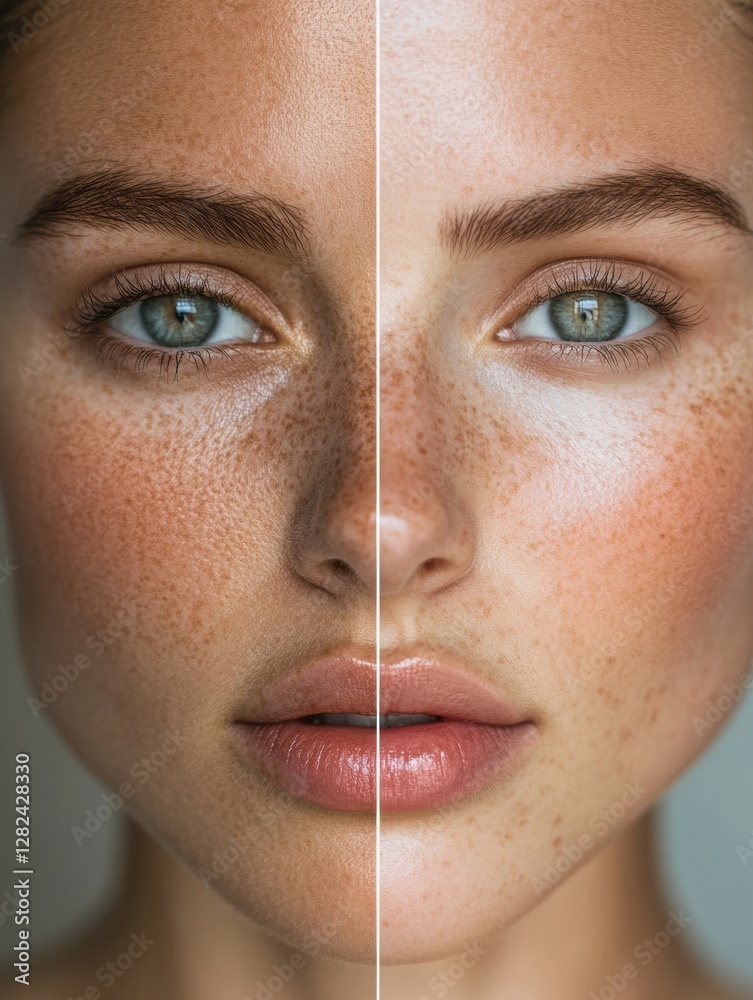 Poster womans split face showing contrast between aged skin with wrinkles and youthful smoothness in a crea