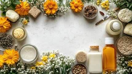 Spring cleaning flat lay featuring eco-friendly tools and fresh flowers on a clean, white surface