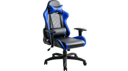 a modern gaming chair designed for comfort and style. featuring a sleek black and blue color scheme. ergonomic design. and adjustable components. making it ideal for long gaming sessions or office use