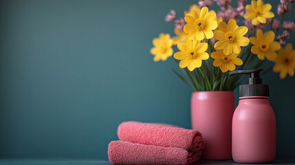 Spring cleaning scene featuring neatly organized supplies with fresh flowers in the background