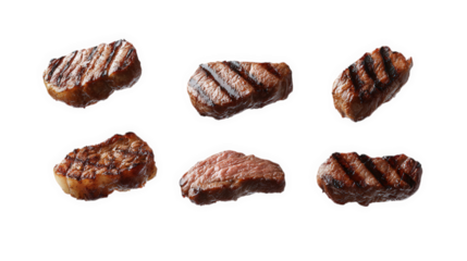 six pieces of grilled steak arranged against a white background. showcasing their appetizing appearance with visible grill marks this presentation highlights the texture and cooking style. making it s