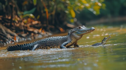 Crocodiles in a tropical river; mother and baby