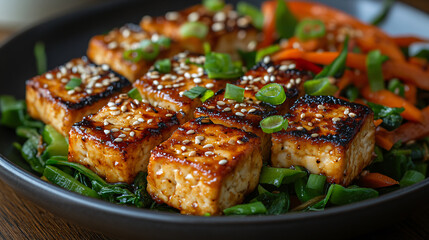 Crispy Pan-Seared Tofu Cubes with Sesame Seeds and Green Onions
