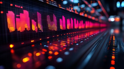 Futuristic digital audio equalizer with vibrant color display and control panel.