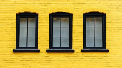 Fototapeta premium A minimalist yet eye-catching composition of three black-framed windows on a textured yellow brick background.