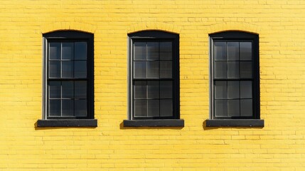 Fototapeta premium A minimalist yet eye-catching composition of three black-framed windows on a textured yellow brick background.