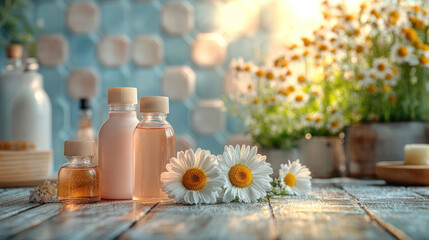Spring cleaning setup of natural cleaning supplies with a fresh bouquet of daisies in the background