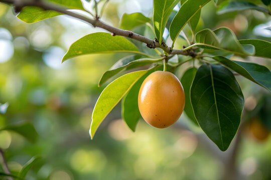 Close up of ripe seriguela fruit hanging from a tree branch
