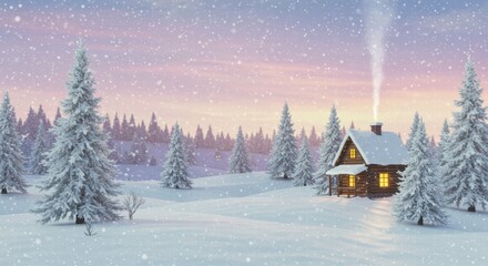 Cozy cabin in snowy landscape during serene winter sunset.