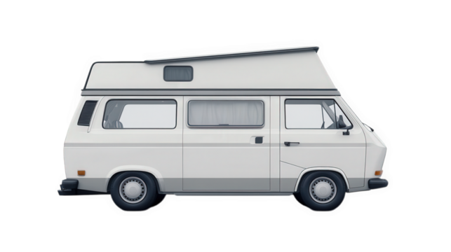 side view of a classic camper van. designed for travel and leisure. showcasing its compact and functional structure with a pop-up roof for extra space this vehicle symbolizes adventure and the freedom