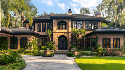 Photograph of a luxurious brick mansion surrounded by tropical palm trees and lush gardens