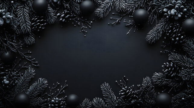 Elegant Christmas background featuring frosted pine branches and matte black ornaments on a dark backdrop