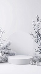 White podium displaying christmas decoration with snowy pine branches and silver ornaments