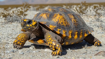 Obraz premium Desert Tortoise Walking in Dry Landscape; Nature Photography