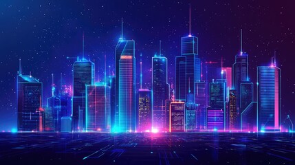 A neon-lit smart city with data streams and secure digital networks ensuring sustainability and safety.