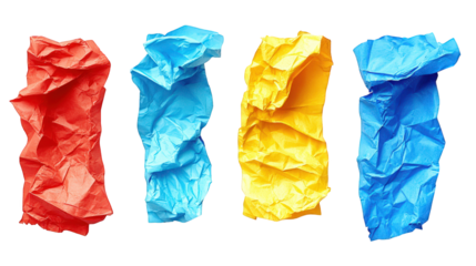 four crumpled pieces of paper in vibrant colors red. blue. yellow. and another blue each piece is uniquely shaped. showcasing texture and color contrast. which may serve as a backdrop for creative pro