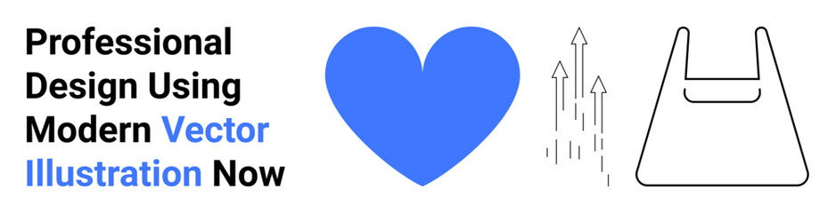 Blue heart, upward arrows, and shopping bag icon with minimalist text for branding, marketing, technology, e-commerce, innovation, sustainability, flat landing page banner