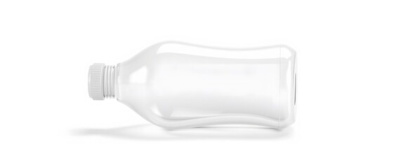 A 3D rendered image of a translucent plastic bottle, showing its smooth curves and subtle reflections, set against a neutral white background, with soft shadows and highligh.