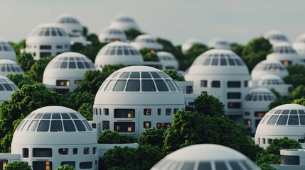 Obraz premium A futuristic landscape filled with dome-shaped buildings nestled among lush greenery, showcasing a blend of nature and modern architecture.