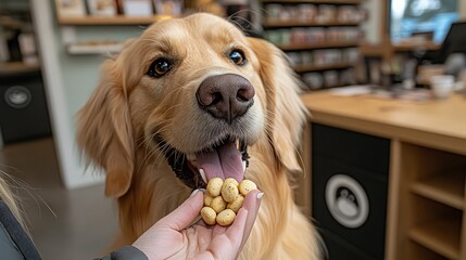 Golden Retriever eating treats in cafe