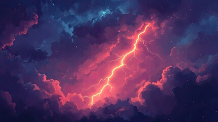 A powerful lightning bolt striking through a sky filled with dramatic, colorful storm clouds at night.
