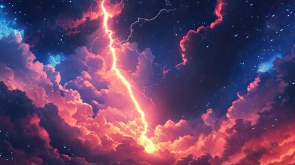 A powerful lightning bolt striking through a sky filled with dramatic, colorful storm clouds at night.