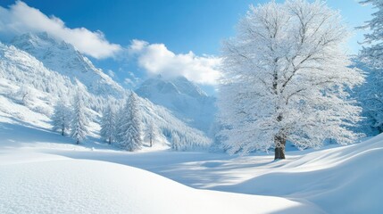 Obraz premium A pristine snowy valley with a serene winter landscape, perfect for product presentations, featuring soft snow and a cold, white background.