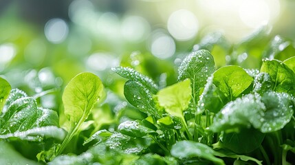 A refreshing botanical shot of vibrant green foliage with glistening water droplets and soft lighting.
