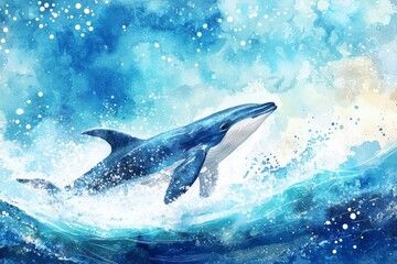 Majestic blue whale breaching through vibrant ocean waves during a sunny day