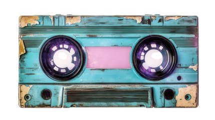 vintage cassette tape with a worn turquoise exterior and visible signs of age. showcasing the nostalgic design of analog music storage its purpose is to evoke memories of music listening experiences f